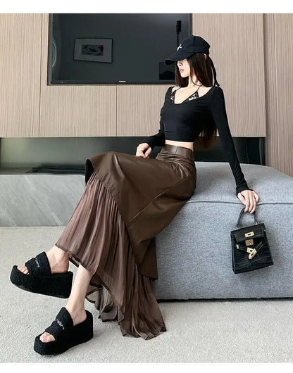 تنورة نسائية ريترو، تنورة طويلة بخصر عالٍ وقصة A-line بتصميم جديد للخريف المبكر من الجلد بخياطة غير متماثلة