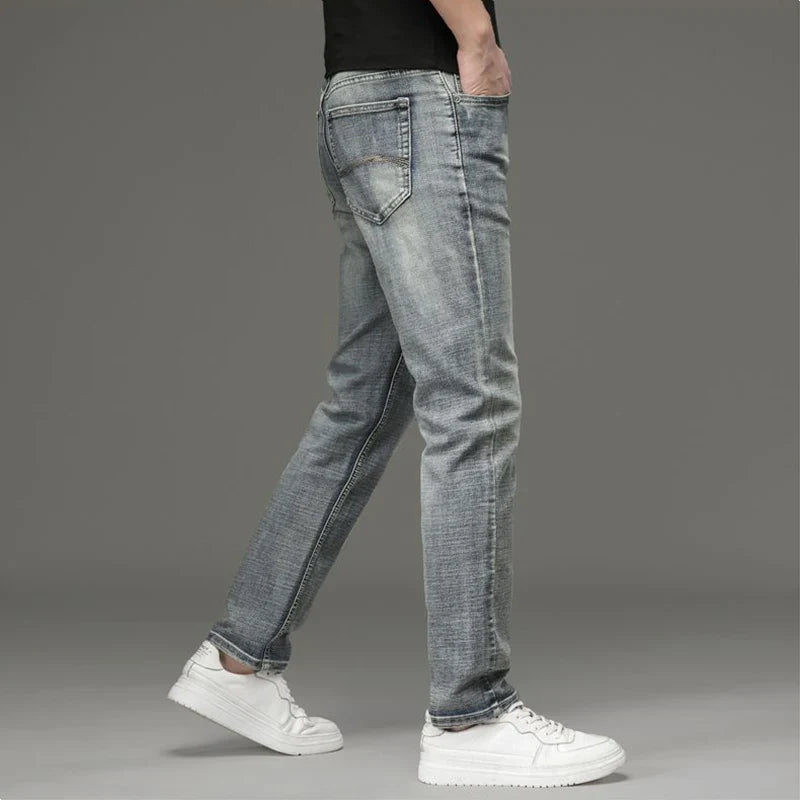 2025 Autumn New Slim Straight Jeans Men's Vintage Grey Elastic Cotton Fashion Casual Wash Denim Pants Korean Male Trousers