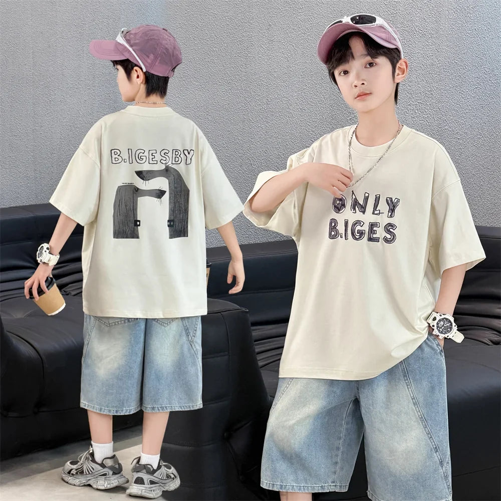 High Quality Children's Summer Suit for Boy Short Sleeve T-shirt + Denim Shorts 2 Pcs Clothing Set Kids Casual Top Bottom Set