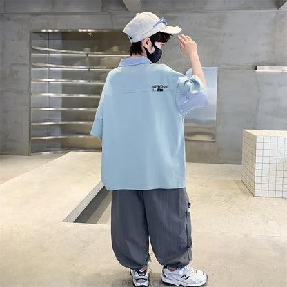 School Boys Fashion Summer Top And Bottom Clothes Set Polo Shirt + Pants 2 Pieces Clothing Suit Kids Children Casual Tracksuit