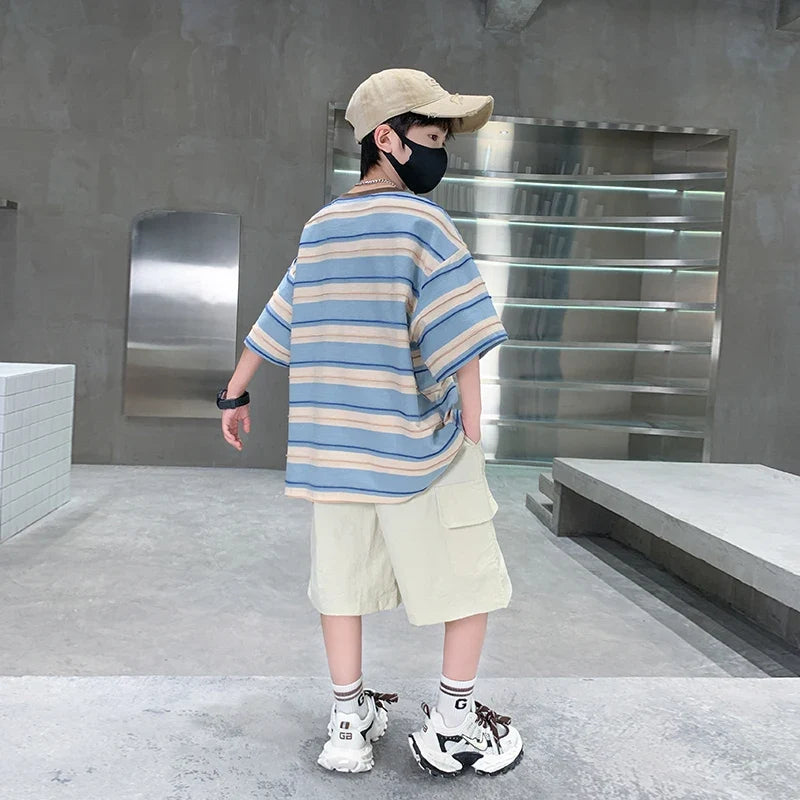 Children Summer Pink Blue Striped Suit Top and Bottom Clothes Set For Teen Boy New Fashion Tracksuit Outfit Kids Casual Clothing