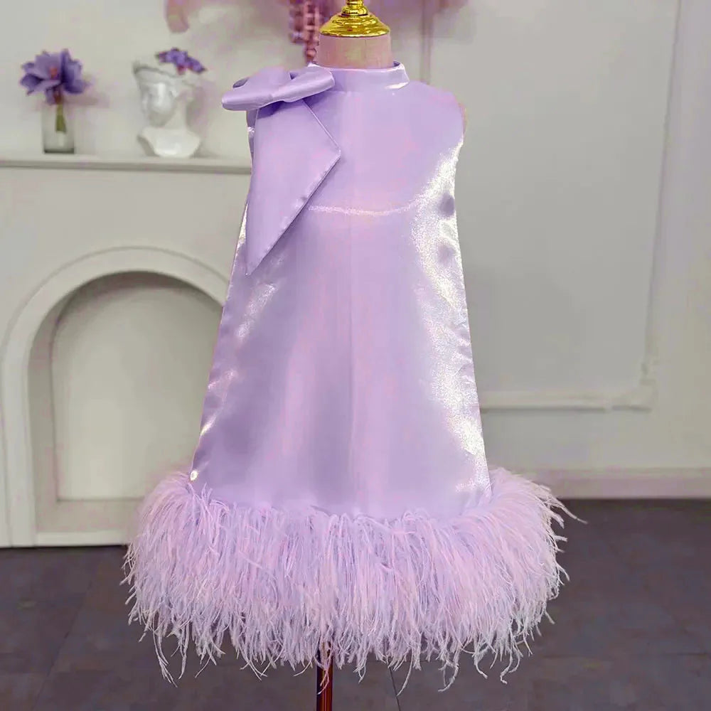 Customized Pink Flower Girl Dresses For Wedding Satin Feather With Bow Princess Birthday Party First Communion Pageant Ball Gown
