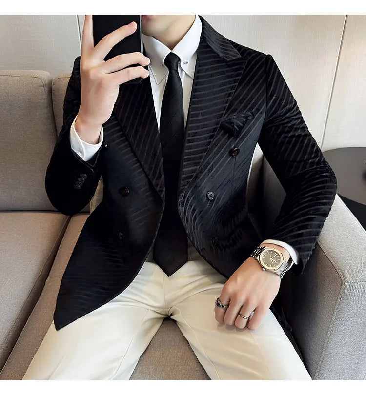 Autumn Winter New Velvet Suit Jacket Men Double-Breasted Striped Slim Fit Casual Coats High Quality Formal Business Tailcoat