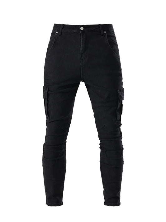Men's Fahsion Elastic Slim Fit Jeans Men Cargo Denim Pants Solid Color Multi Pockets Casual Skinny Male Trousers mens clothing