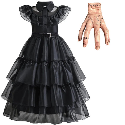 2026 Halloween Festival Popular Black Dress Girls Cosplay Short Sleeve Ruffles Clothing With Belt + Accessories Set Gift