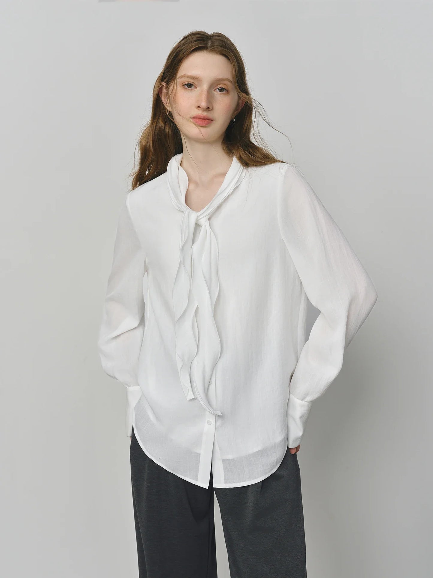 Autumn Elegant Blouse 2025 Asymmetric Flounce Shirt V-Neck Korean Style Chic Design Office Lady Women's Casual Shirt
