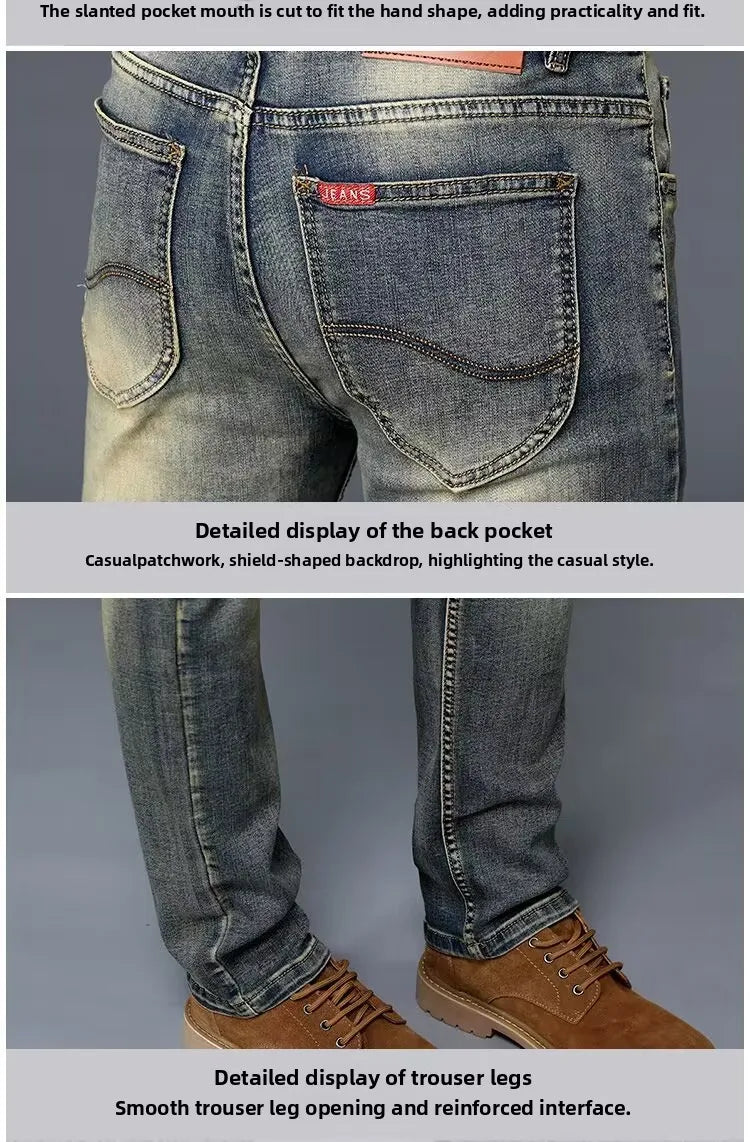 High-End Retro Men's Straight Leg Stretchy Jeans Fashionable Urban Casual Long Trousers Spring Autumn Cotton Stretch Denim