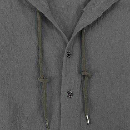 Men's Solid Color Casual Shirt, Hooded Drawstring Cotton and Linen Cardigan, Trendy and Versatile Loose Beach T-Shirt