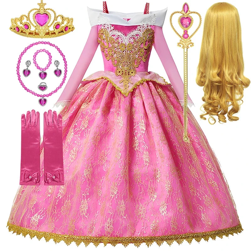 Girl Aurora Princess Dress Children Luxurious Cosplay Costume Rose Pink Briar Rose Outfit Kids Carnival Birthday Party Clothing