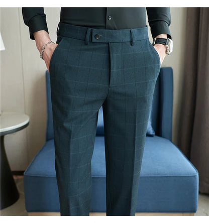 2026 Classic Men's Slim Fit Plaid Striped Casual Pants Fashion Business Slim Fit Suit Pants Formal Groom Wedding Dress Trousers