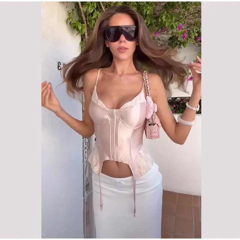 Sexy Lace Patchwork Women Tank Top Club Zippers Sling Deep V-neck Backless Female Vest 2026 Summer Vacation Lady Crop Tops