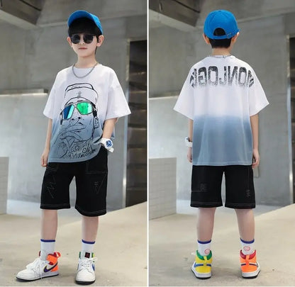Summer Casual Boys 3D Graffiti Gradient Color T-Shirt Tops+Jean Shorts School Kid Tracksuit Child 2PCS Outfit Workout Set 5-16Yr