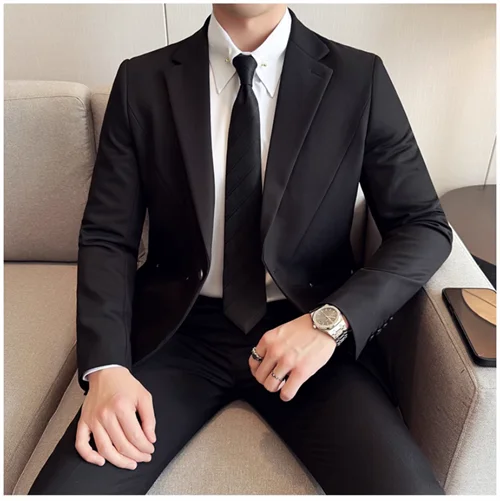 (Jacket+Pant) New Men Pure Color Business Social Wedding Party Suit Fashion Male Banquet Party Slim Fit Dress Blazer and Trouser