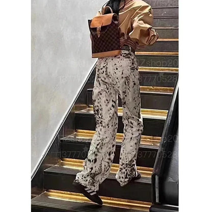 Leopard Print Straight Wide Leg Jeans Women High Waisted Retro Jeans Streetwear Y2k Vintage Pants High Street Denim Trousers