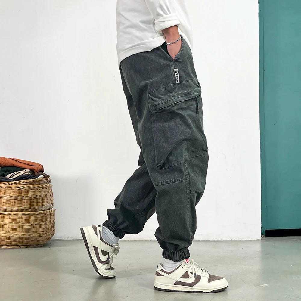 High Quality Snow Wash Distressed Cargo Pants Men Korean Fashion Plus Size Harem Pants Streetwear Joggers Casual Baggy Trousers