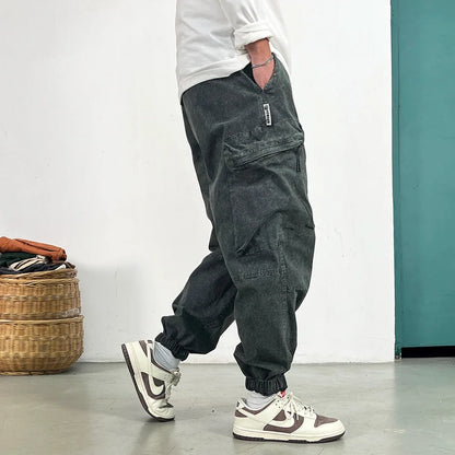 High Quality Snow Wash Distressed Cargo Pants Men Korean Fashion Plus Size Harem Pants Streetwear Joggers Casual Baggy Trousers