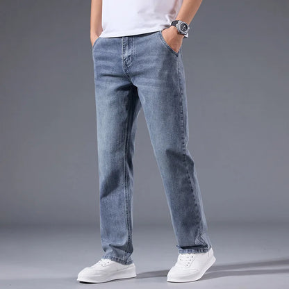 Men's loose straight leg jeans retro washed elastic casual pants suitable for all seasons versatile pants