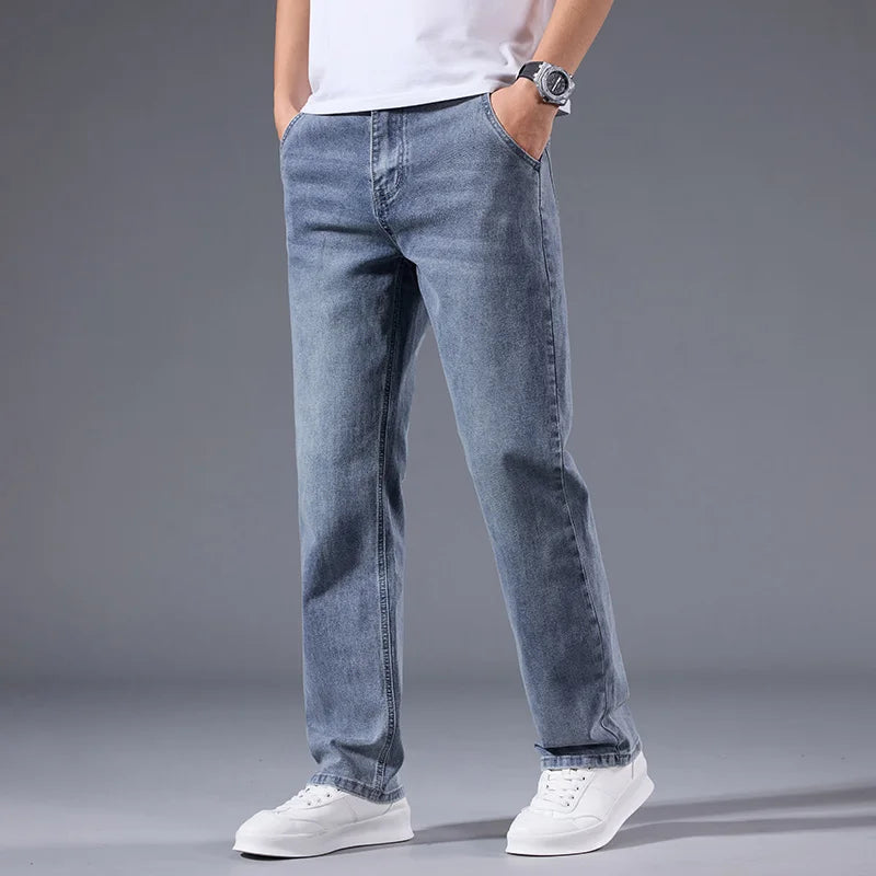Men's loose straight leg jeans retro washed elastic casual pants suitable for all seasons versatile pants
