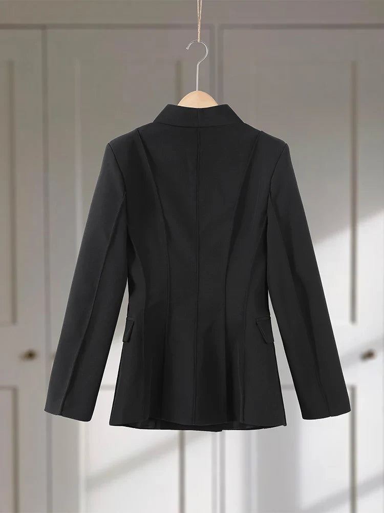 Elegant Women's Black Blazer Coat Long Sleeve Stand Collar Buckle Thick Jacket Female 2026 Spring Autumn Lady Commute Outwear