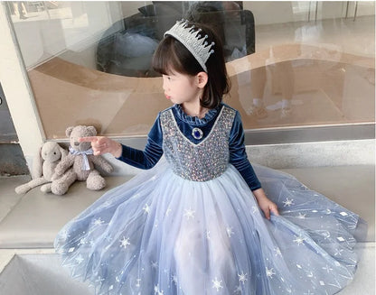 Girls' Spring 2026 New Velvet Elsa Frozen Princess Dress Kids Blue Cape 2 Piece Set Warm Dresses For Girl Party 3-9 Years Old ﻿