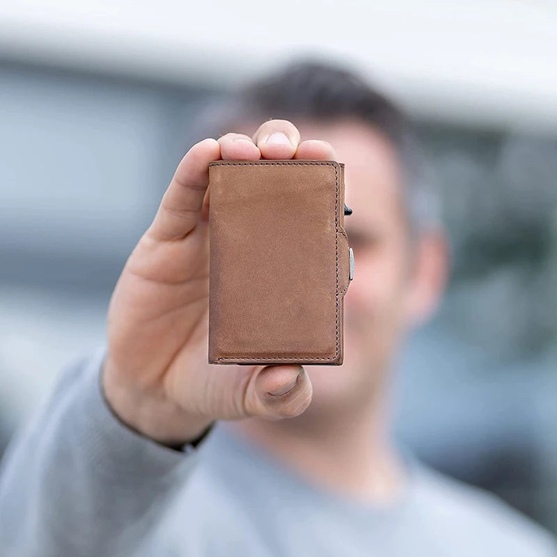 Porte-cartes Pop-Up avec protection RFID en cuir véritable Portefeuille avec compartiment pour billets et pièces de monnaie pour hommes et femmes