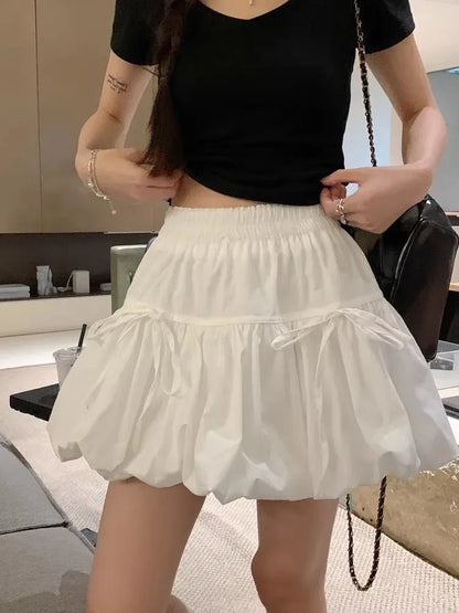 Sweet  Knot Puffy A-Line  Skirt Women's Summer Polyester Fiber High Waist Flower Bud Skirt Casual Sle