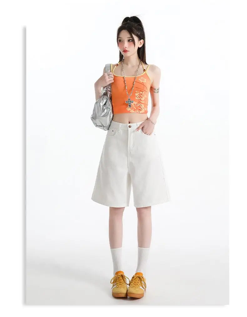 Women's High Waist Wide Leg  Y2K American Retro Washed Five-Point Denim Shorts Summer Loose Slim Straight Cut Mid-Length Pants