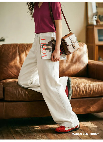 Women's Vintage High Waist Straight Leg Wide Leg Cotton Denim Jeans White Heavyweight Casual Pants For Spring Fall