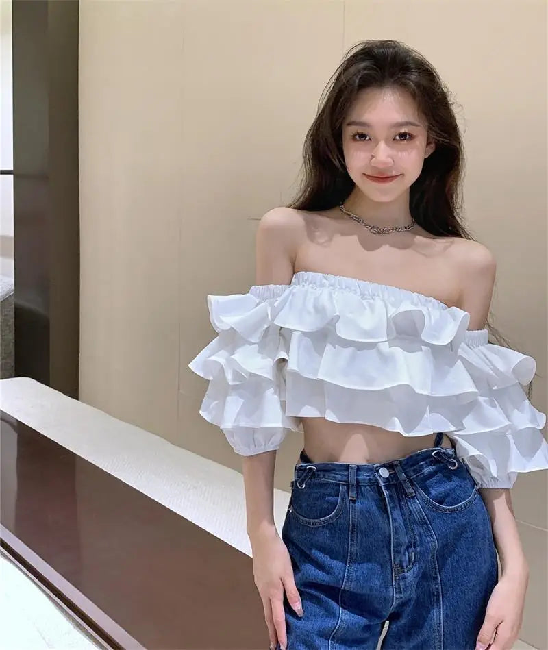 Off Shoulder Fashion Woman Blouse Stacked Ruffles Crop Top Shirt Summer Designer Short Sleeve Chiffon Sexy 2023 New