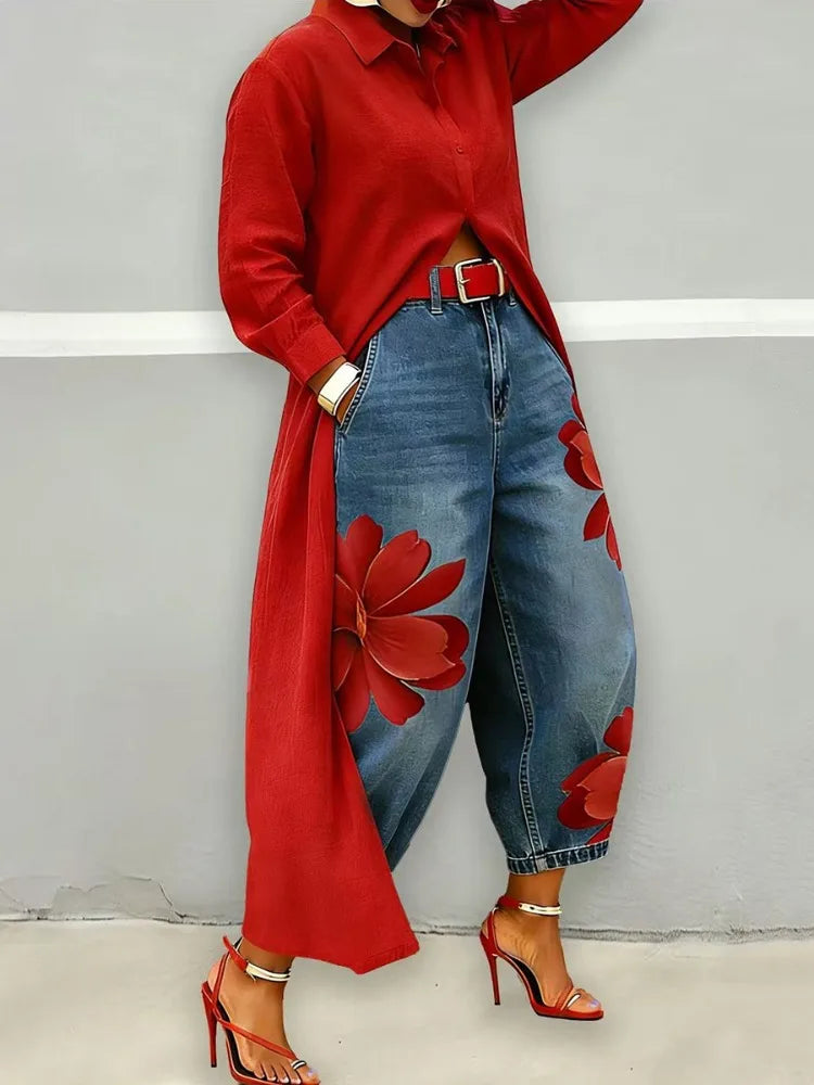 Women's High Waist Cropped Jeans Large Red Floral Print Relaxed Fit Denim Capri Pants 2026 Summer Streetwear Pants