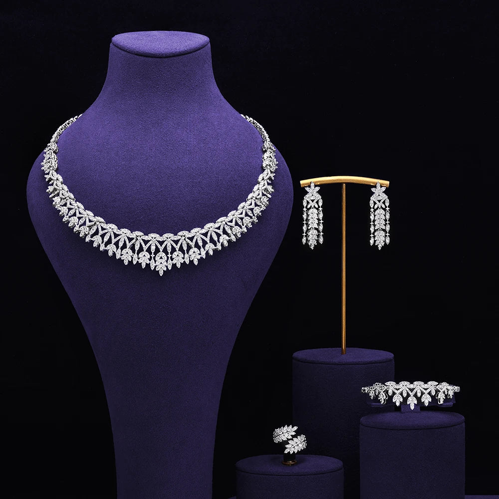 4 pieces of bride zirconia full set of women's party jewelry, luxury Dubai Nigeria CZ luxury crystal wedding necklace set
