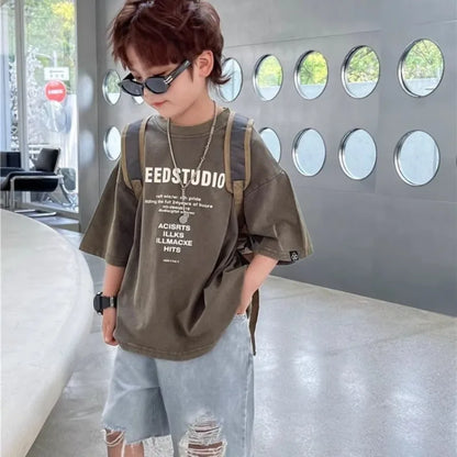 2026 New Boys' Summer 100% Cotton Streetwear Short Sleeve T Shirt Casual Half Sleeve Clothing