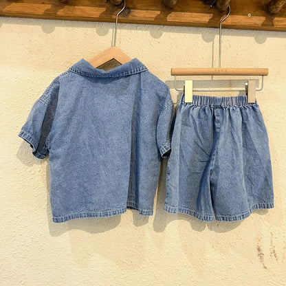 Summer Baby Girls Boys Cotton Alphabet Half Zip Denim T-Shirt Tops+Shorts Pant School Kids Tracksuit Child 2PCS Outfit 1-12Years