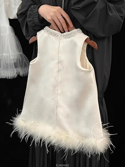 Girls Satin Feather Princess White Dress Clothes Baby Kids Birthday Party Gown Kids Formal Outfit Children Summer Costumes