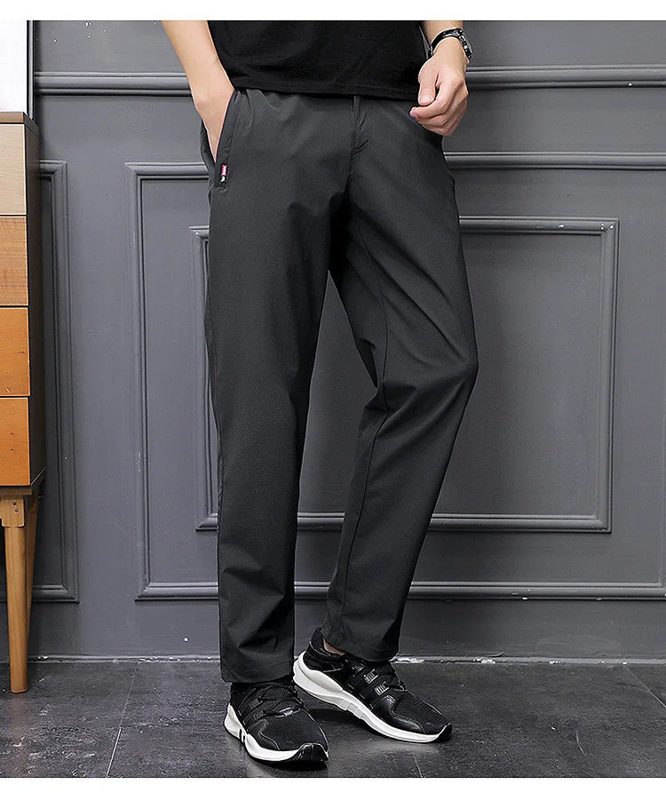 Men's Summer Cargo Pants Big Size Ice Silk Stretch Breathable Straight Leg Pants Quick Dry Elastic Lightweight Long Trousers