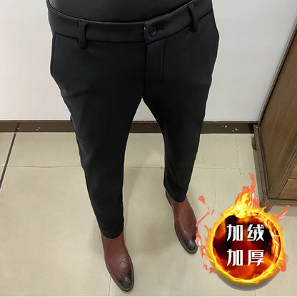 2025 Autumn Winter New With Velvet Warm Casual Pants High Quality Slim Fit Men's Formal Business Office Social Solid Trousers
