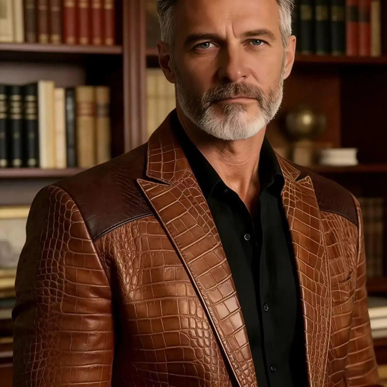 Men's Blazer Crocodile Embossed Leather Suit Jacket Shoulder Patch Notch Lapel Two Button Sport Coat Business Casual Flap Pocket