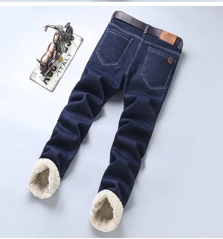 Winter Men's Fleece Thick Sherpa Jeans Business Casual Velvet Straight Denim Pants Male Wool Plush Classic Stretch Trousers