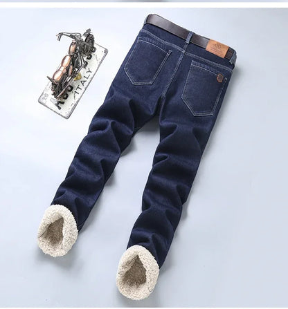 Winter Men's Fleece Thick Sherpa Jeans Business Casual Velvet Straight Denim Pants Male Wool Plush Classic Stretch Trousers