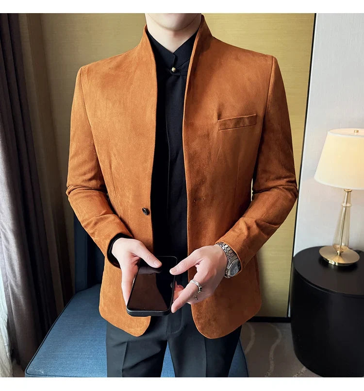 New Blazer Cowhide Velvet Korean Version Business Slim Fit Suit Stand Collar Fashionable Casual Suit Jacket Men Formal Clothing
