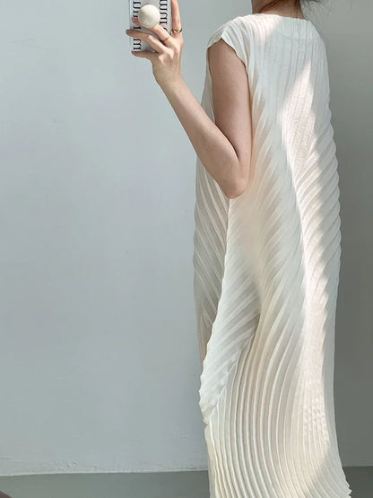 Miyake Hand Circle Pleated Sleeveless Dress Designer Long Round Neck Elegant Loose Summer Korean Style Aesthetic Clothes