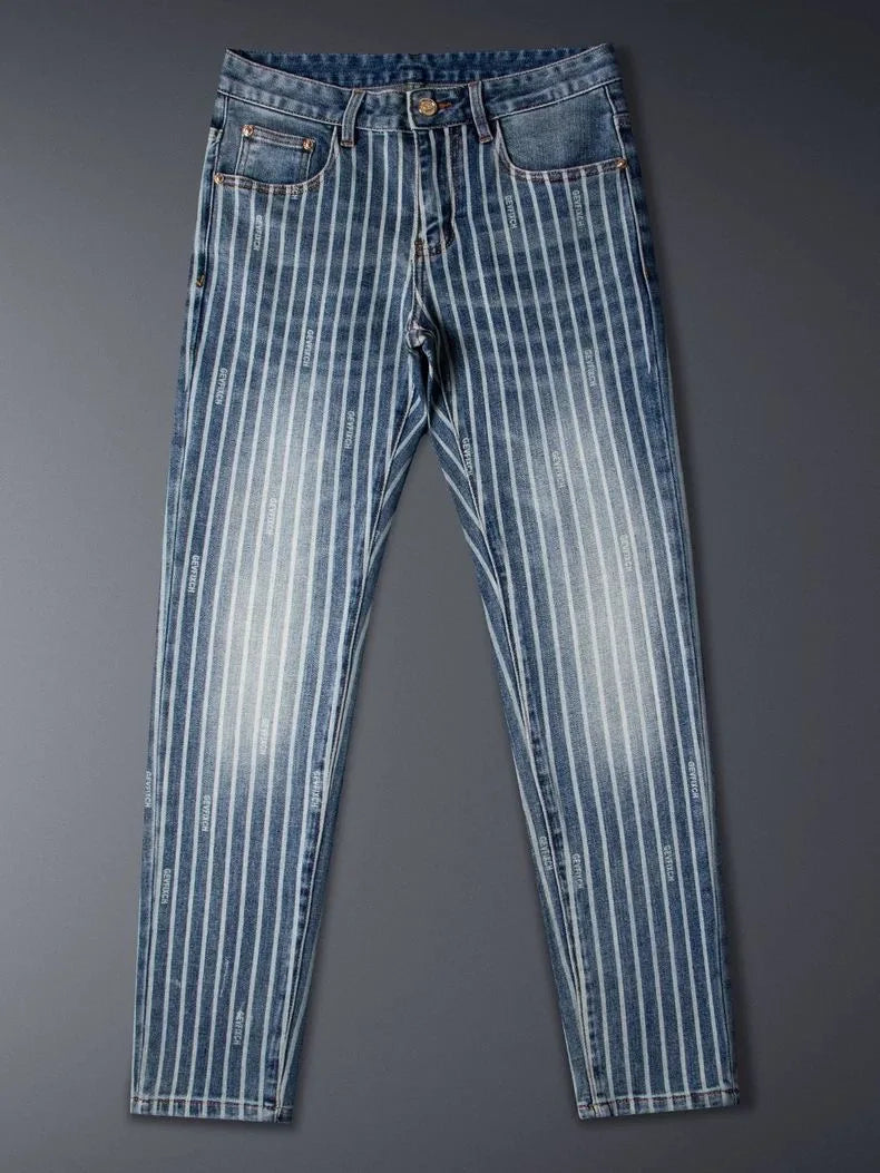 Autumn and Spring Fashion American Vintage Straight-leg Striped Jeans Men's Casual Comfortable Sports High-quality Denim Pants