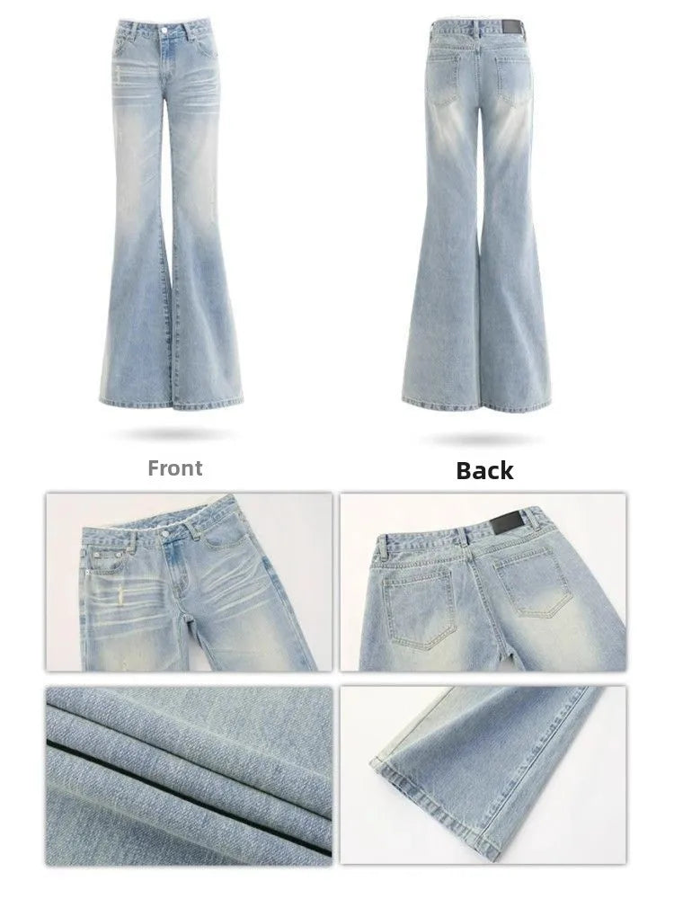 Low Waist Bell Bottom Jeans Women's Light Blue Washed Lace Splicing Design Spring Summer New Style Slimming Versatile Denim J...
