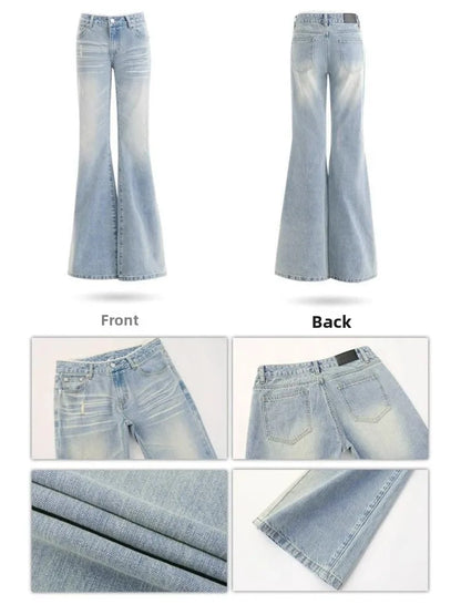 Low Waist Bell Bottom Jeans Women's Light Blue Washed Lace Splicing Design Spring Summer New Style Slimming Versatile Denim J...