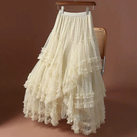 2026 Mesh Heart Printed Skirt Women Elastic High Waist Skirt Elegant Tulle A Line Ruffle Party Skirt Long Summer Saia Feminina