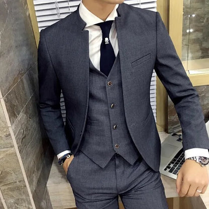 Grey Wedding Men Tuxedos Stand Collar Suit Men's Business Office Slim Fit Good Quality Male Suits 3 Pieces Sets