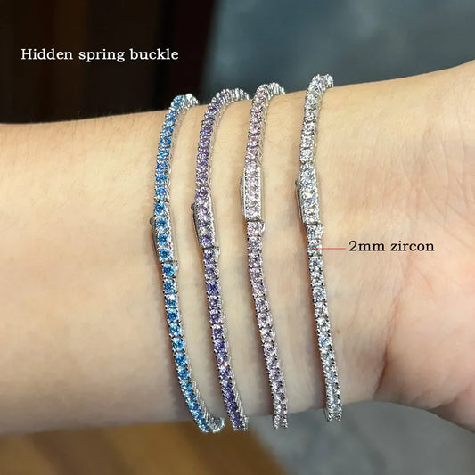 Bracelet de tennis 2 mm en argent sterling 925 avec diamants bleus à haute teneur en carbone pour femmes, bijoux de fête et cadeaux