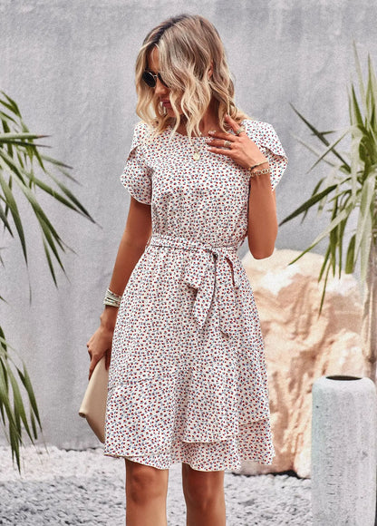 Summer O Neck Casual Printd Women Strap High Waist Pleated Floral Dress