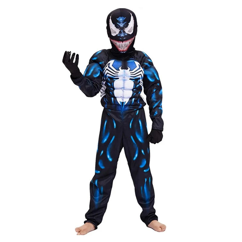 Kids Superhero Costume Spider Mask Jumpsuit Halloween Party Role Play Cosplay Outfit for Boy Girls 3-12Y with Black Gloves