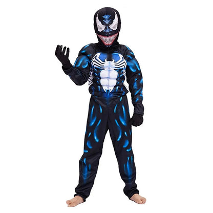 Kids Superhero Costume Spider Mask Jumpsuit Halloween Party Role Play Cosplay Outfit for Boy Girls 3-12Y with Black Gloves